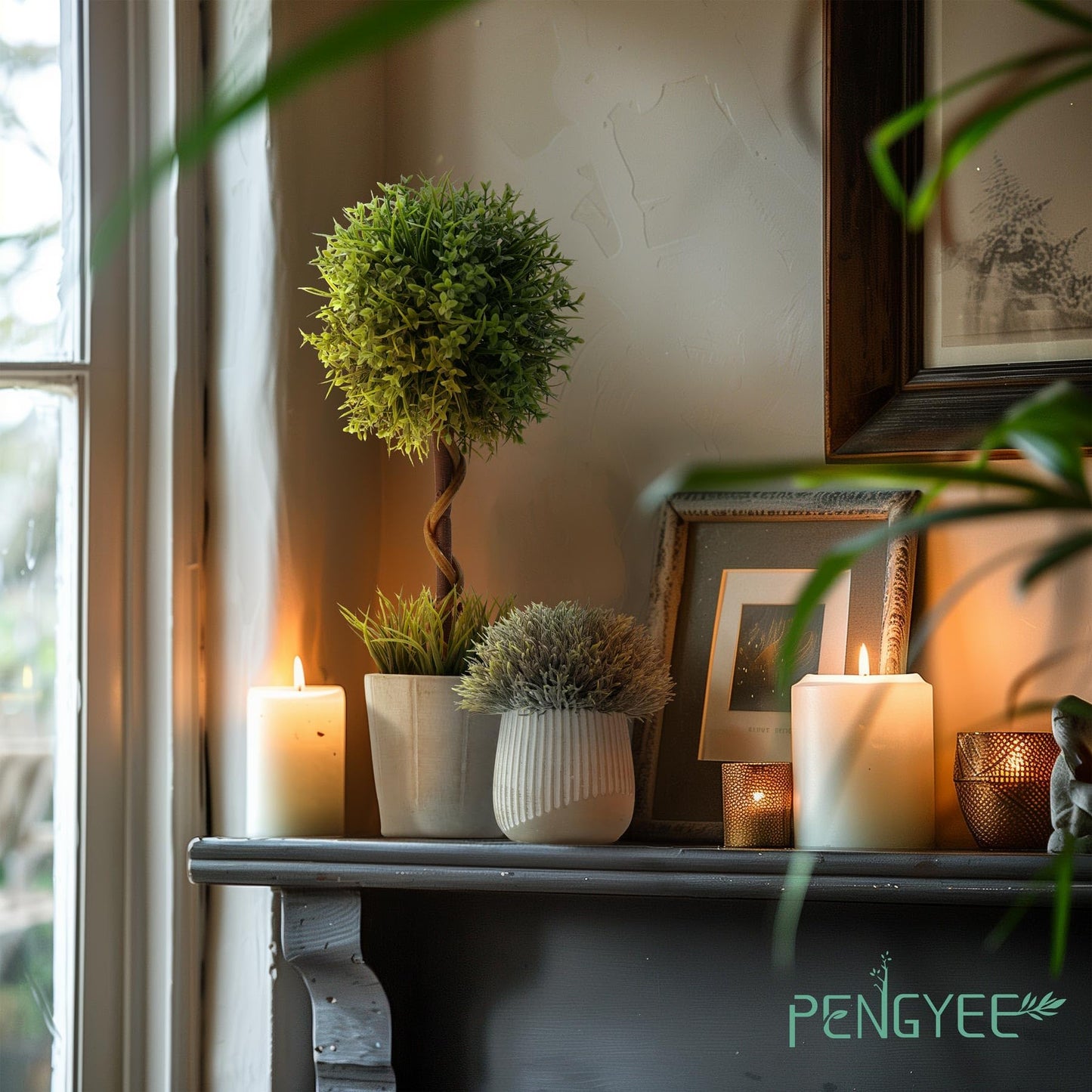 PENGYEE 4 Pack Small Faux Plants & 3 Pack Artificial Boxwood in Cement Planters Bundle