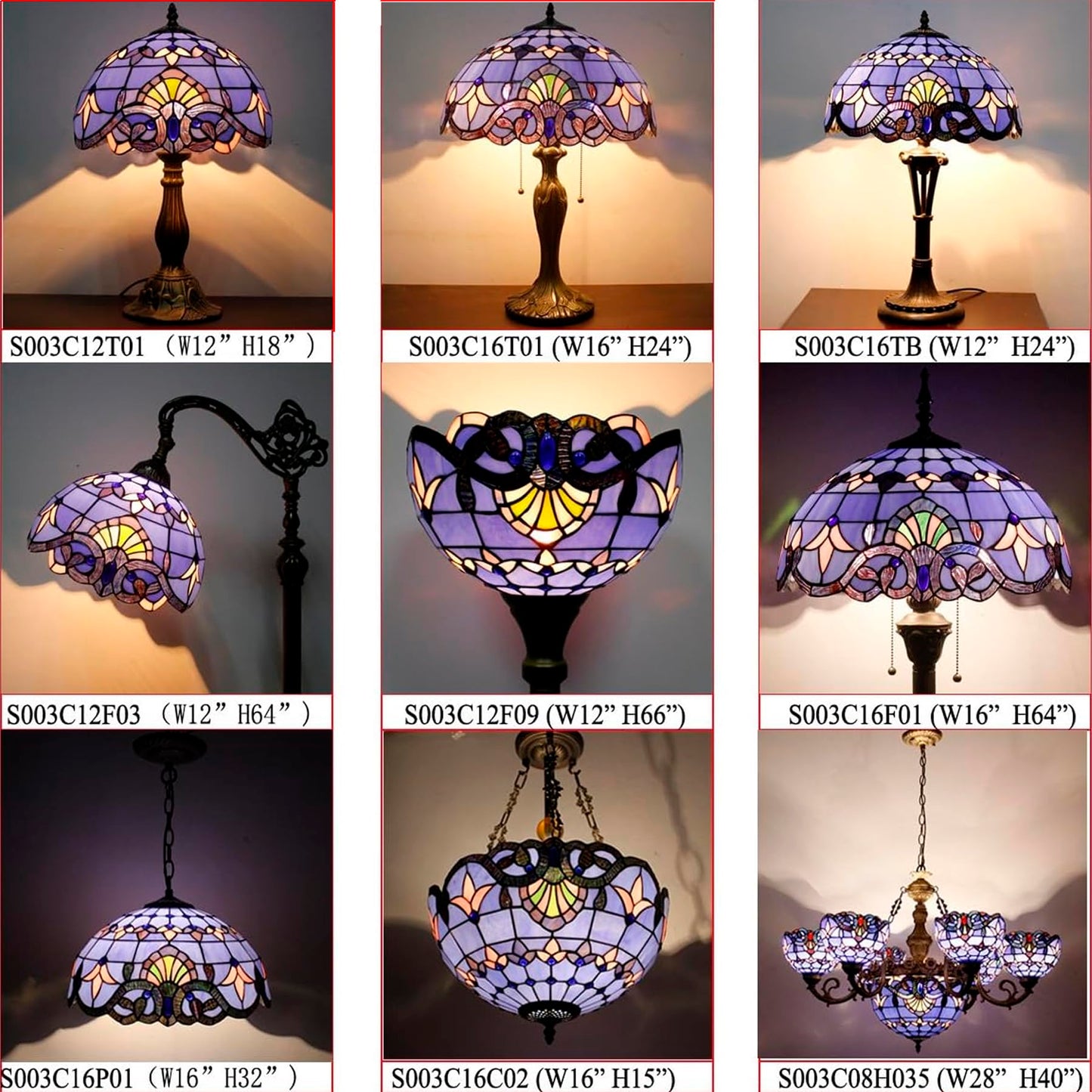 WERFACTORY Tiffany Lamp Stained Glass Table Lamp 12X12X18 Inches Blue Purple Baroque Style Lavender Bedside Reading Desk Light Decor Bedroom Living Room Home Office S003C Series