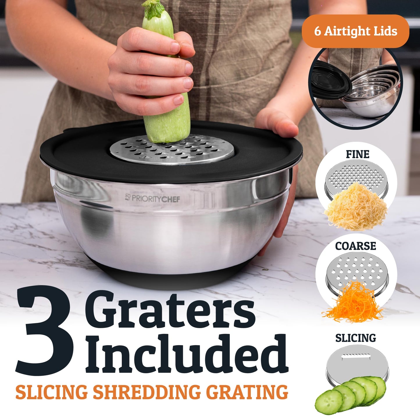 Priority Chef 6pc Stainless Steel Mixing Bowls with Lids Set, 7 Qt, Black
