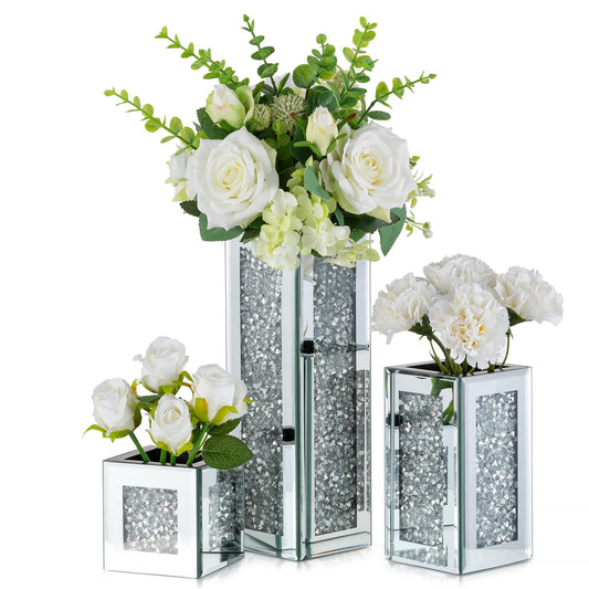 Silver Rectangle Glass Vases for Decor: Hewory Tall Crushed Diamond Mirror Vase for Centerpieces - Large Decorative Mirrored Containers for Dried Flowers, Bling Big Crystal Vases for Home Decoration