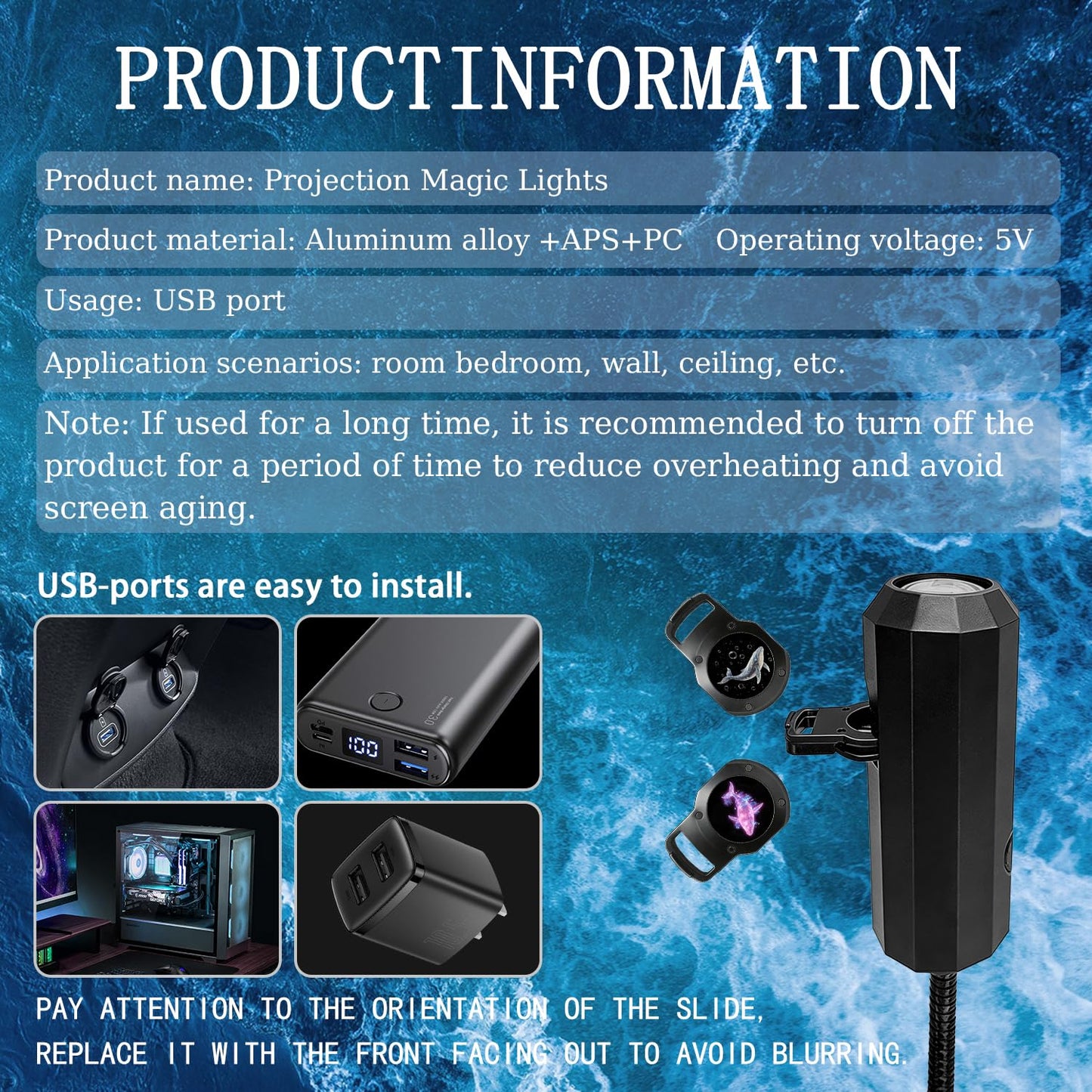 Ocean projection light with 8 interchangeable marine life light panels (whale, jellyfish, sea turtle), USB powered, 360° rotating, creating an immersive underwater world; a creative decorative gift.