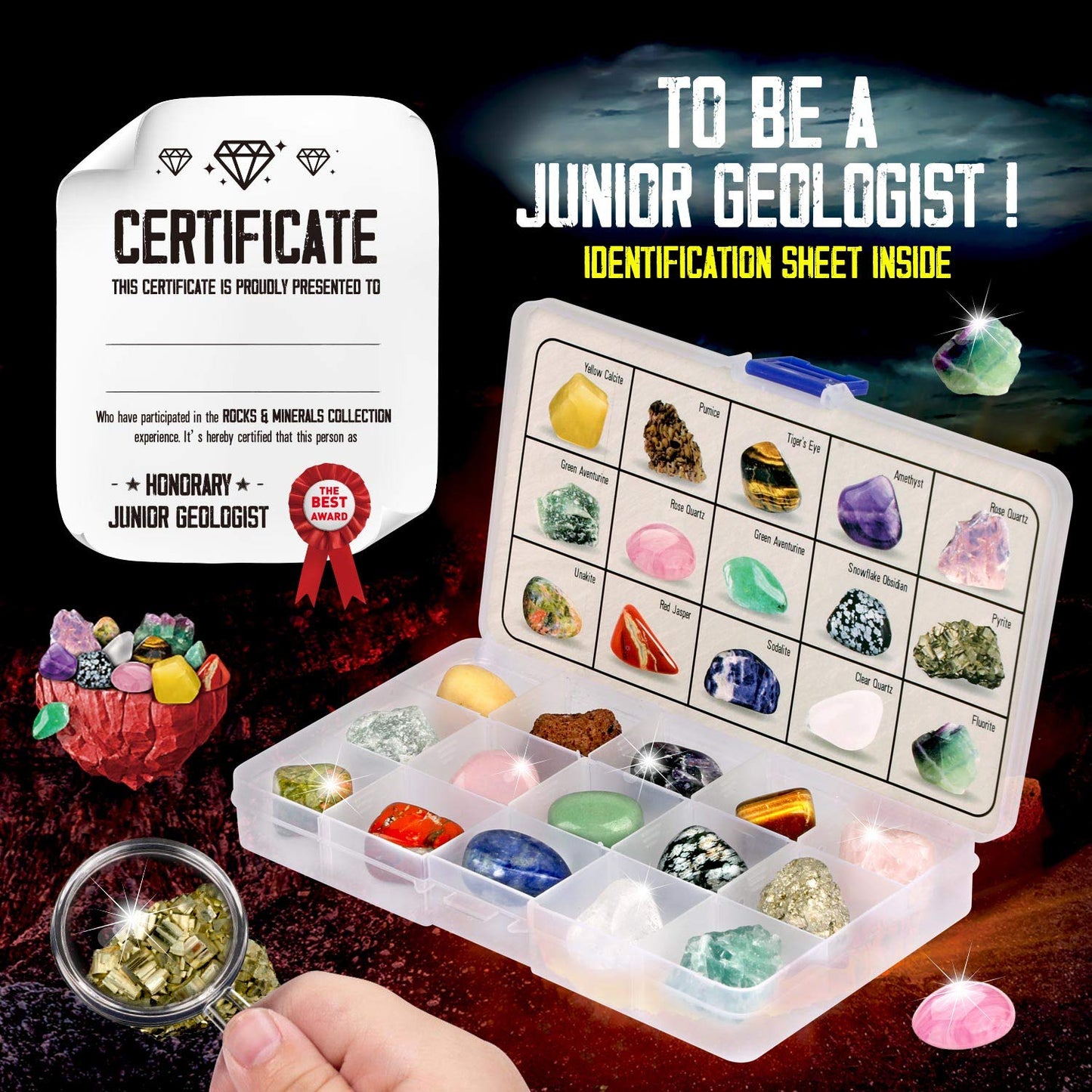 Rocks Collection - 15-Piece Rock Collections for Kids - Cool Geology Gem Kit with Identification Sheet - Gemstones Set Box with Learning Guide and Storage Case - Educational Gift for Kid