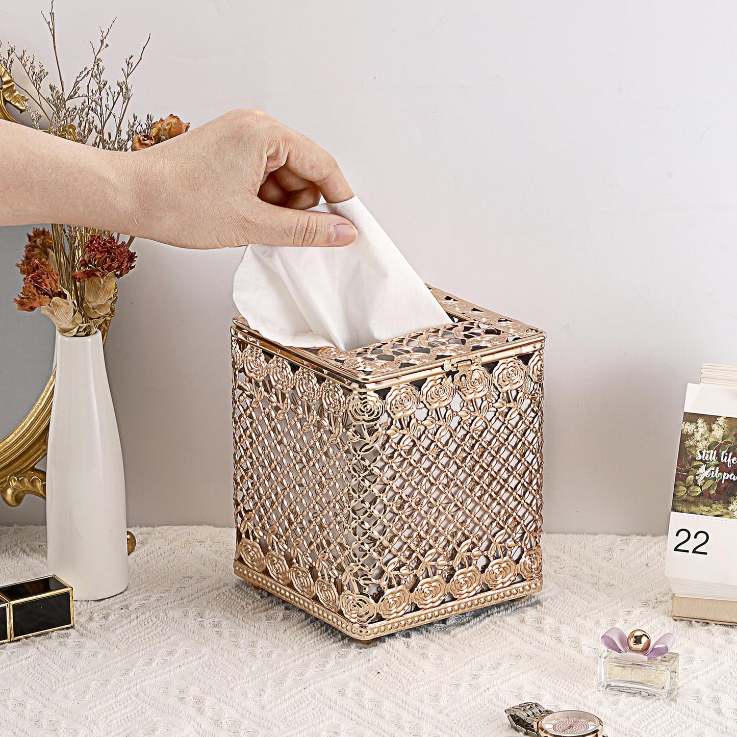 Sumnacon Tissue Box Cover Square, Metal Tissue Holder with Lid, Stylish Cube Tissue Covers, Decorative Rose Tissue Box Organizer for Bathroom Kitchen Table Desk Toilet Home Office, Gold
