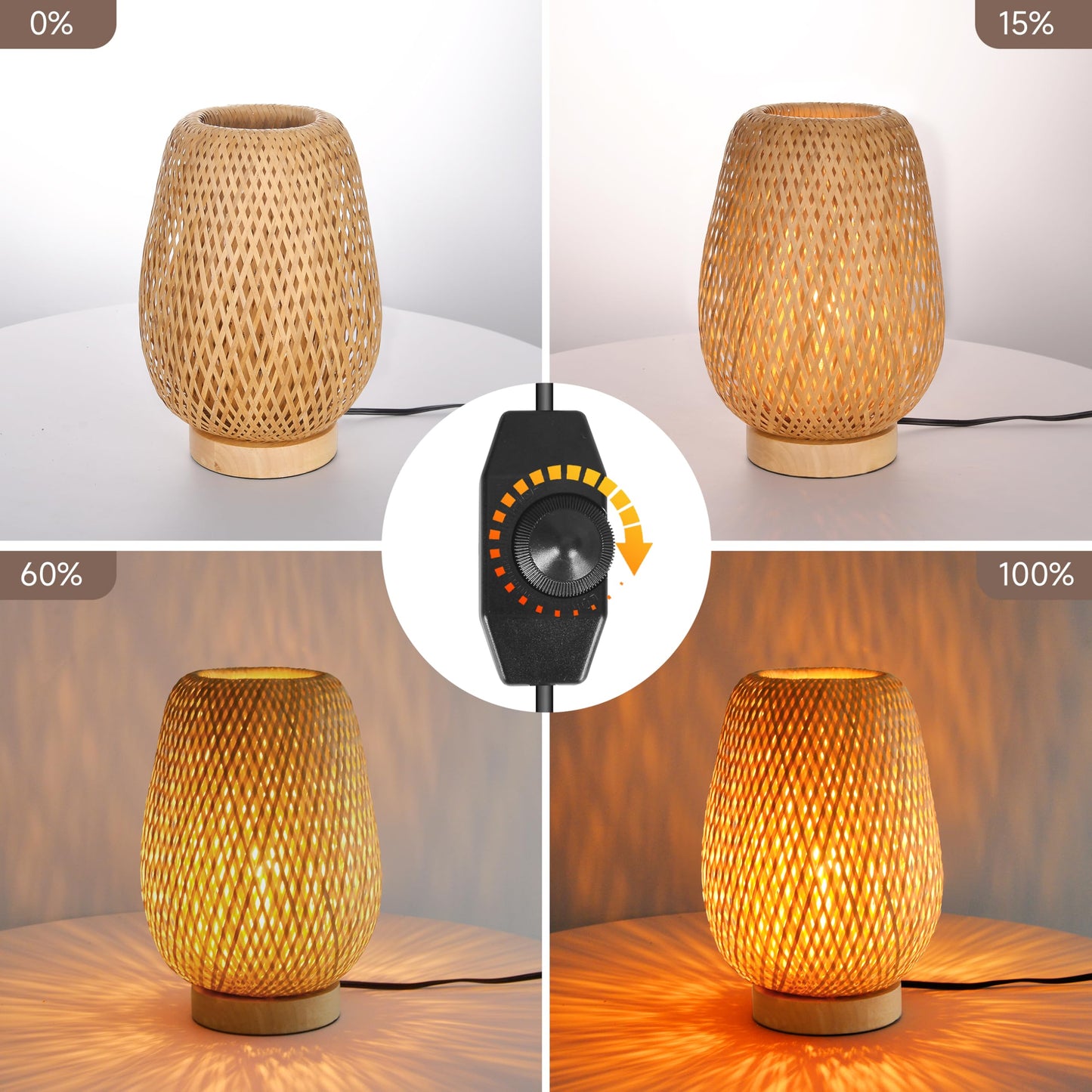 Hodevimall Boho Rattan Table Lamp, Stepless Dimmable Small Beside Lamp, Vintage Nature Wicker Wooden Nightstand Boho Bamboo Woven End Table Lamps for Bedroom Living Room Desk Kids Room