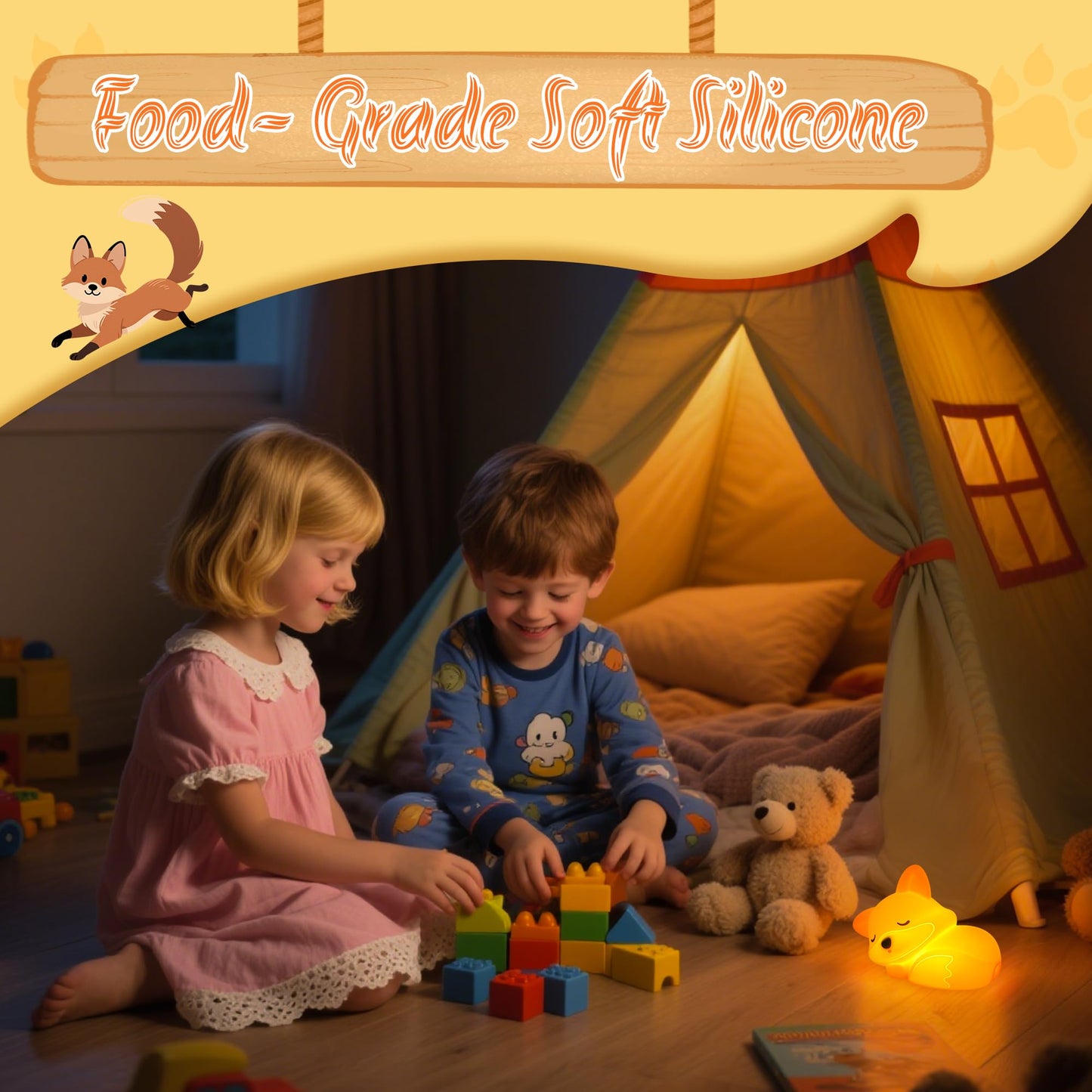 YuanDian Fox Night Light, Squishy Fox Silicone Lamp Novelty Gifts, Rechargeable Dimmable Timer Bedside Touch Nightlight for Breastfeeding Toddler Baby Kids