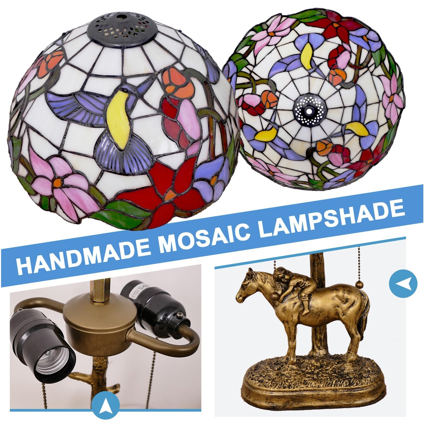 JGWSQ Hummingbird Tiffany Table Lamp, Flower Stained Glass 2-Light Lamp