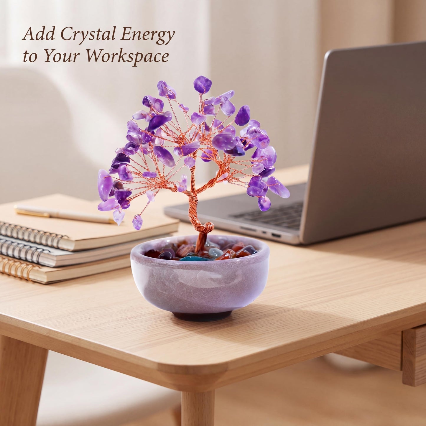 Handmade Crystal Money Tree Feng Shui Bonsai, Gemstone Tree of Life Healing Crystals Wealth Prosperity Decor for Home Office, Perfect Spiritual Gift (Purple)