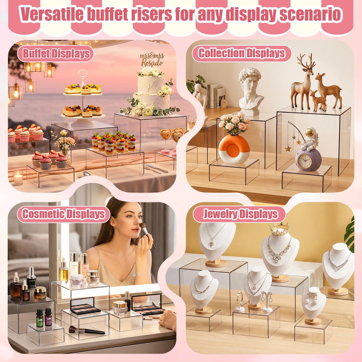 Budiwati 6 Pcs Acrylic Buffet Risers, Clear Stackable Food Display Stand, Nesting Cube Box with Hollow Bottom, Food Risers for Buffet Table Dessert Jewelry Catering(8'' 7'' 6'' 5'' 4'' 4'')