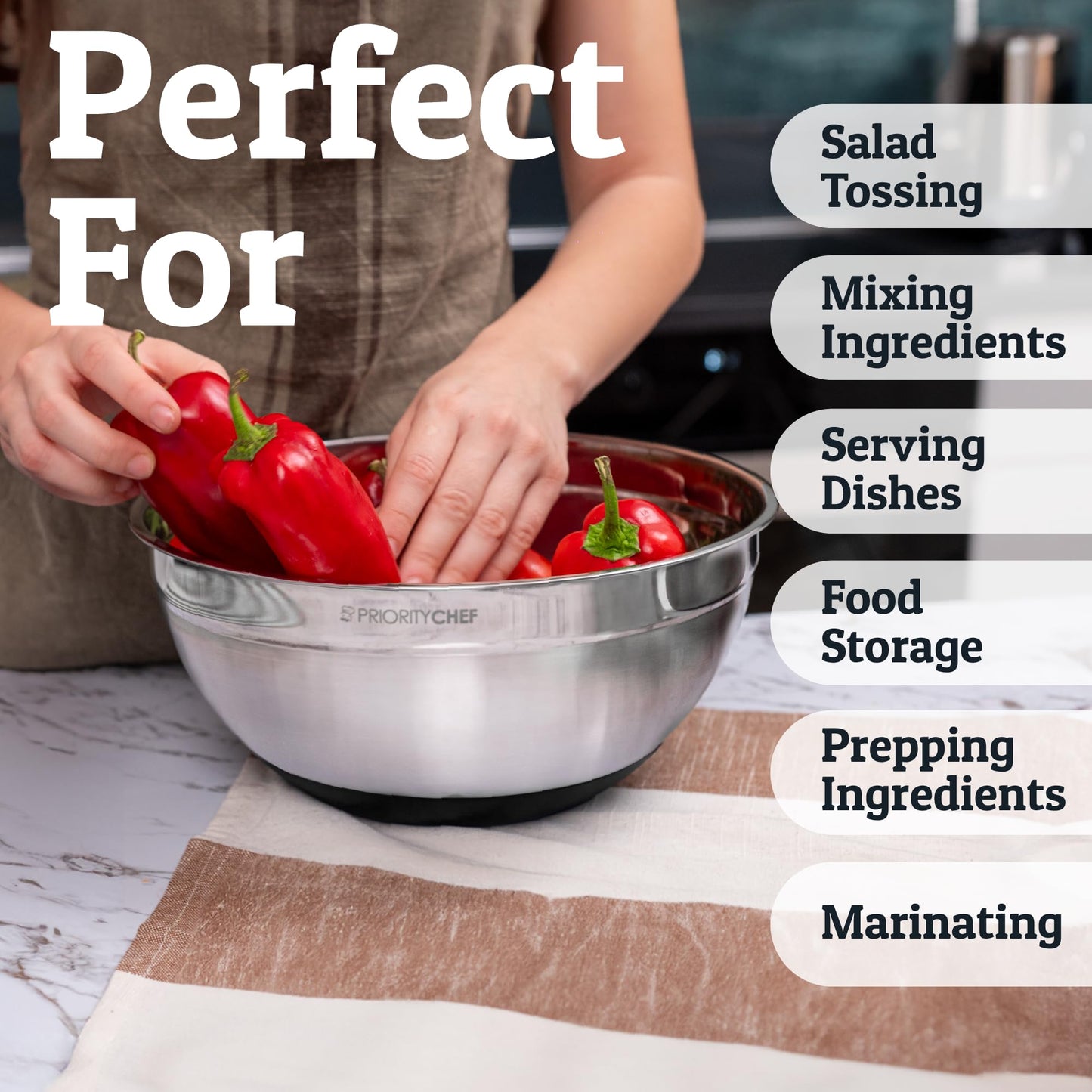 Priority Chef 6pc Stainless Steel Mixing Bowls with Lids Set, 7 Qt, Black