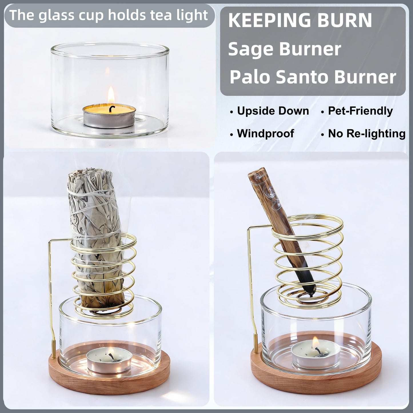 CrysDeco 2 in 1 Incense Holder for Burning Palo Santo & Sage Sticks, Lasting Burning Upside Down Palo Santo and Sage Burner Smudge Bowl for Yoga Meditation Spiritual Altar, Ash-Free, Wind-Resistant
