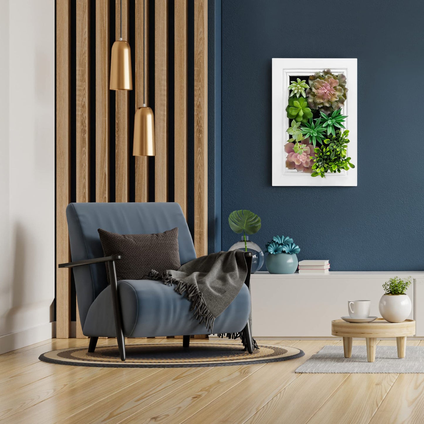Nattol 3D Artificial Succulent Wall Art, Wood Frame with Realistic Faux Plant, Wall Hanging Botanical Decoration, Home Decor Idea for Vertical Garden and Fake Plants, White