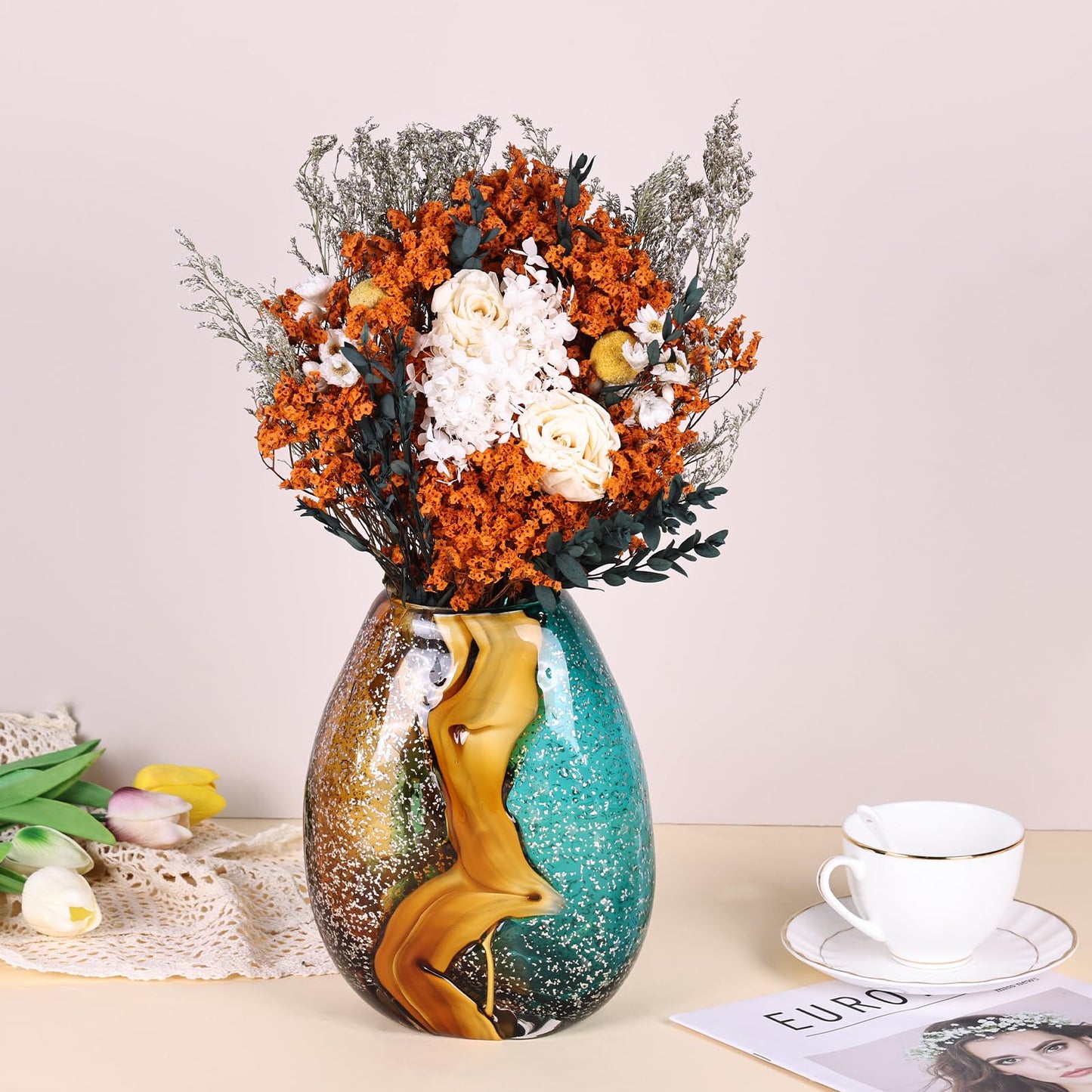PlivBloom Teal Glass Vase,Hand Blown Green Glass Flower Vases Bulk,Murano Glass Vases,Unique Table Glass Decor, Flowers with Vase Decorative,Teal Vase Decor,for Bookshelf,Living Room,Office,Gift (S)