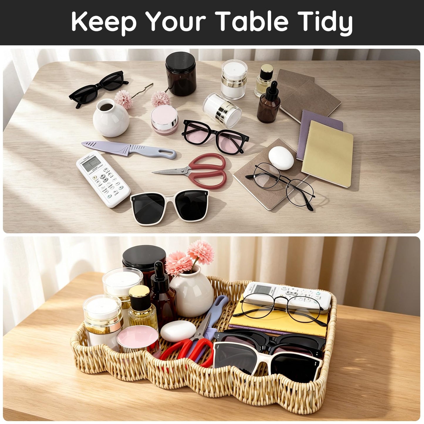 Segbeauty Plastic Serving Tray with Handles for Bathroom, 14x9.8x1.8in PP Rattan Rectangle Tray for Coffee Table, Faux Rattan Bedroom Vanity Basket Organizer, Decorative Towel Storage Wicker Basket