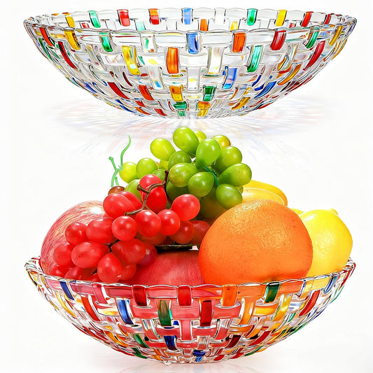 Tlence 2 Pack Colorful Crystal Glass Fruit Bowl for Kitchen Counter, 10" Hand Painted Woven Art Decorative Bowl, Centerpiece Display Serving Bowl Candy Dish for Salad Dessert, Home Decor