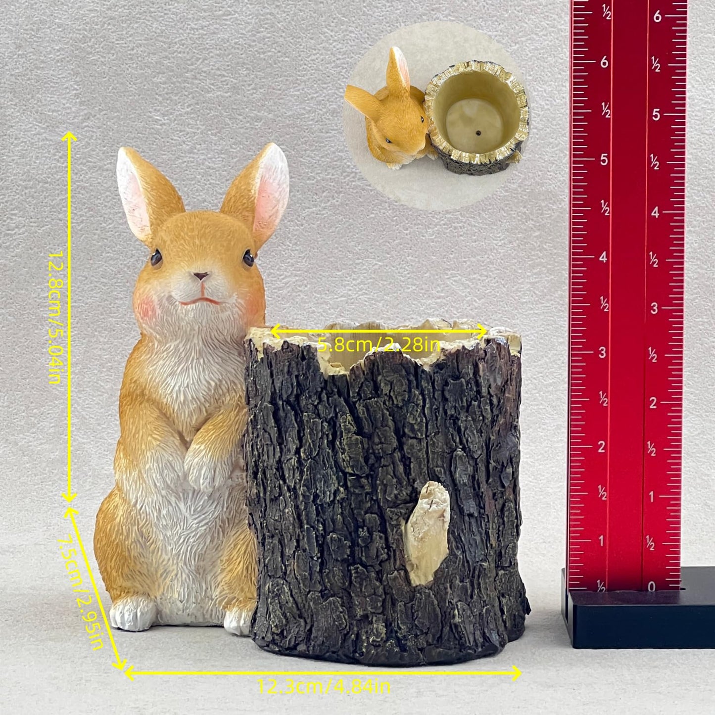 Big Stone Art Resin Rabbit Planter with Tree Stump Statue, Bunny Garden Decor, Animal Figurine Pot (Brown)