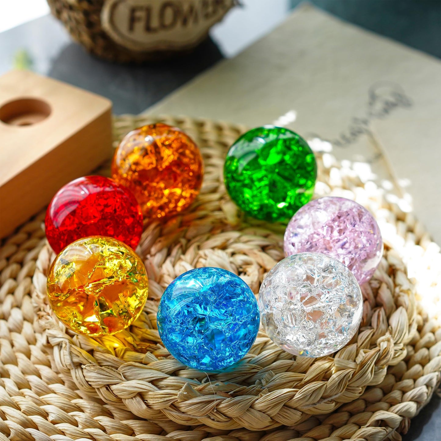 YU FENG 7 Chakra Crystal Ball Set with LED Wooden Stand, 40mm Rainbow Ice Crack Healing Spheres, Crystal Quartz Stones for Meditation, Positive Energy, Night Light and Home Decor