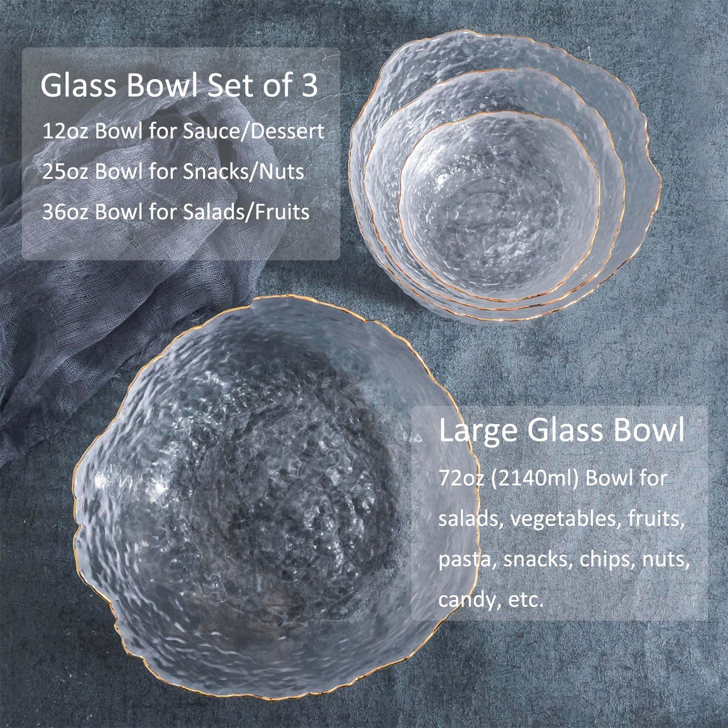 OBR KING Glass Salad Bowl Set of 3 Phnom Penh Mixing Bowls Irregular Shape Serving Containers for Kitchen Prep Fruit Pasta Popcorn and Snack