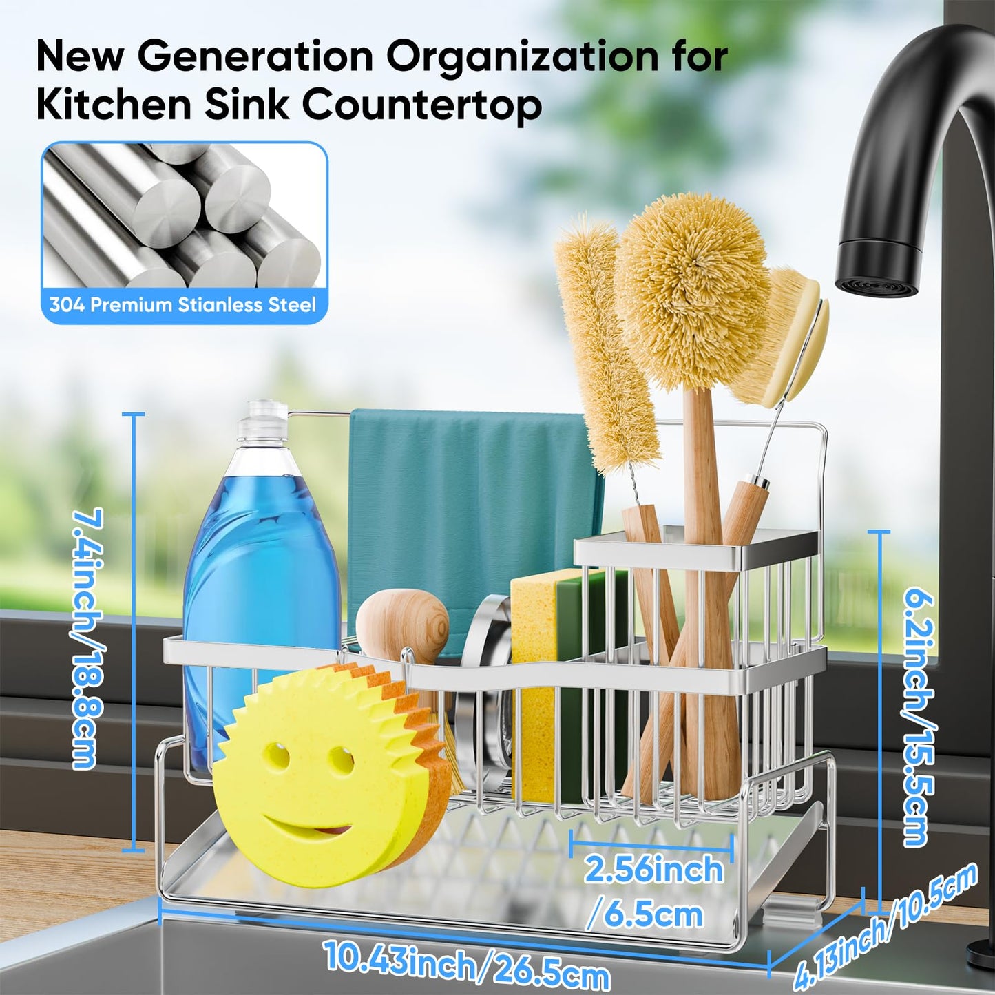 Adurei Sponge Holder for Kitchen Sink 304 Stainless Steel Self-Draining Sink Caddy with Smiley Face Sponge and Brush Holder Towel Bar and Divider Kitchen Gadgets Organizer for Countertop, Silver