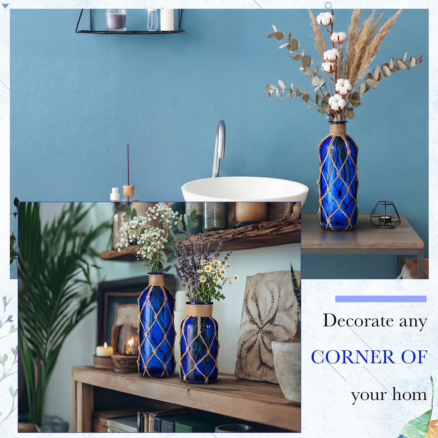 Chuangdi Set of 2 Coastal Glass Vases for Flowers TSITP Flower Vase with Boho Rope Small Sea Glass Jar Nautical Beach Bottle for Wedding Table Centerpieces Floral Arrangement Decor(Deep Sea Blue)