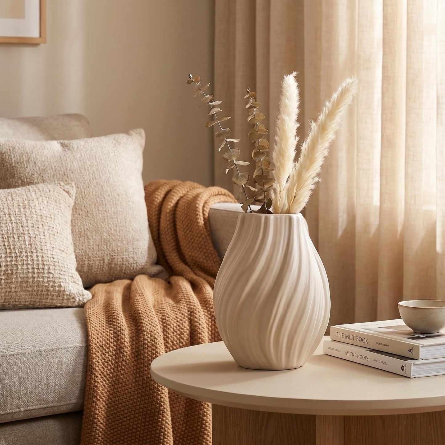 Modern White Ceramic Vase,Nordic Boho Geometric Striped Round Decorative Vase for Living Room,Shelf, Wedding&Dining Table Centerpiece, Farmhouse Home Decor, Office Decoration (Coffee Brown)