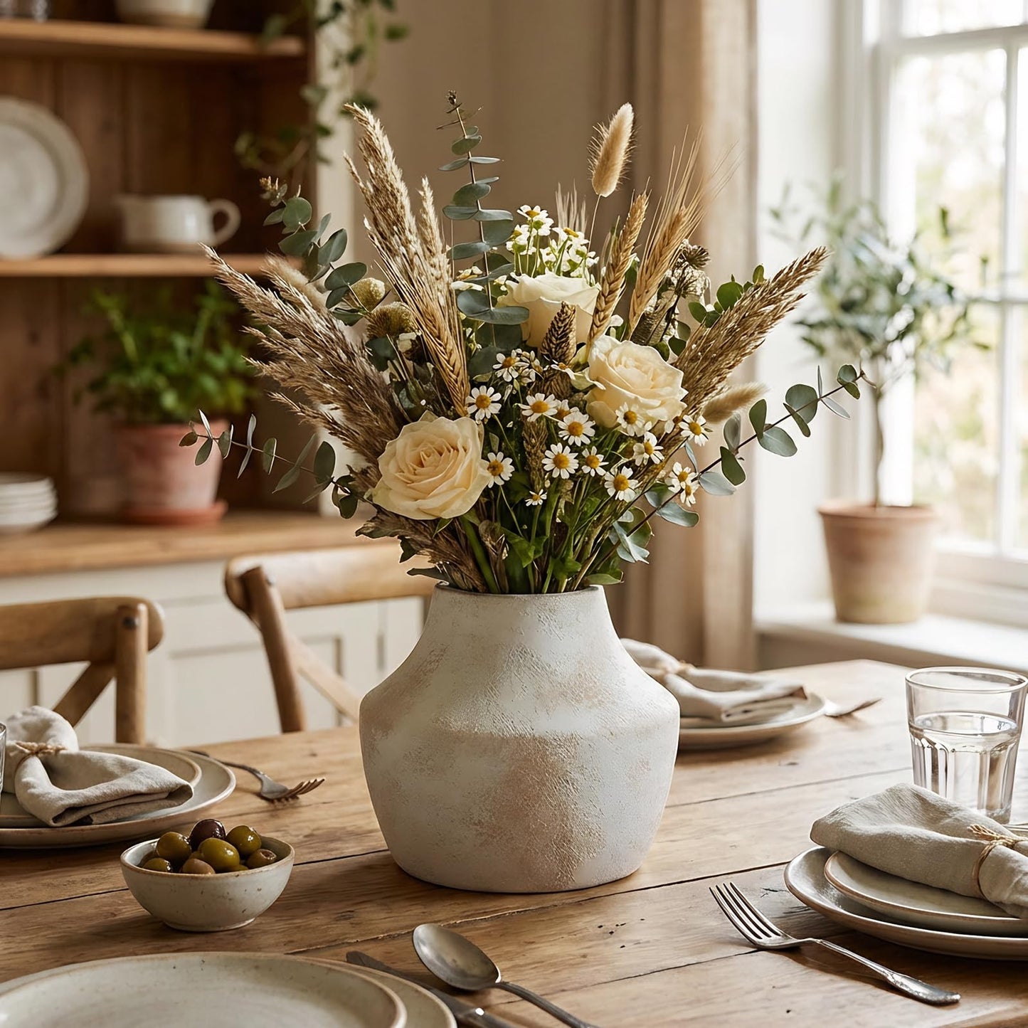 Ceramic Flower Vase 5.2 Inch - Farmhouse Centerpiece Vase for Home Decor, Rustic Table Vase for Dried Flowers, Handcrafted Pottery for Living Room, Shelf & Wedding Decor