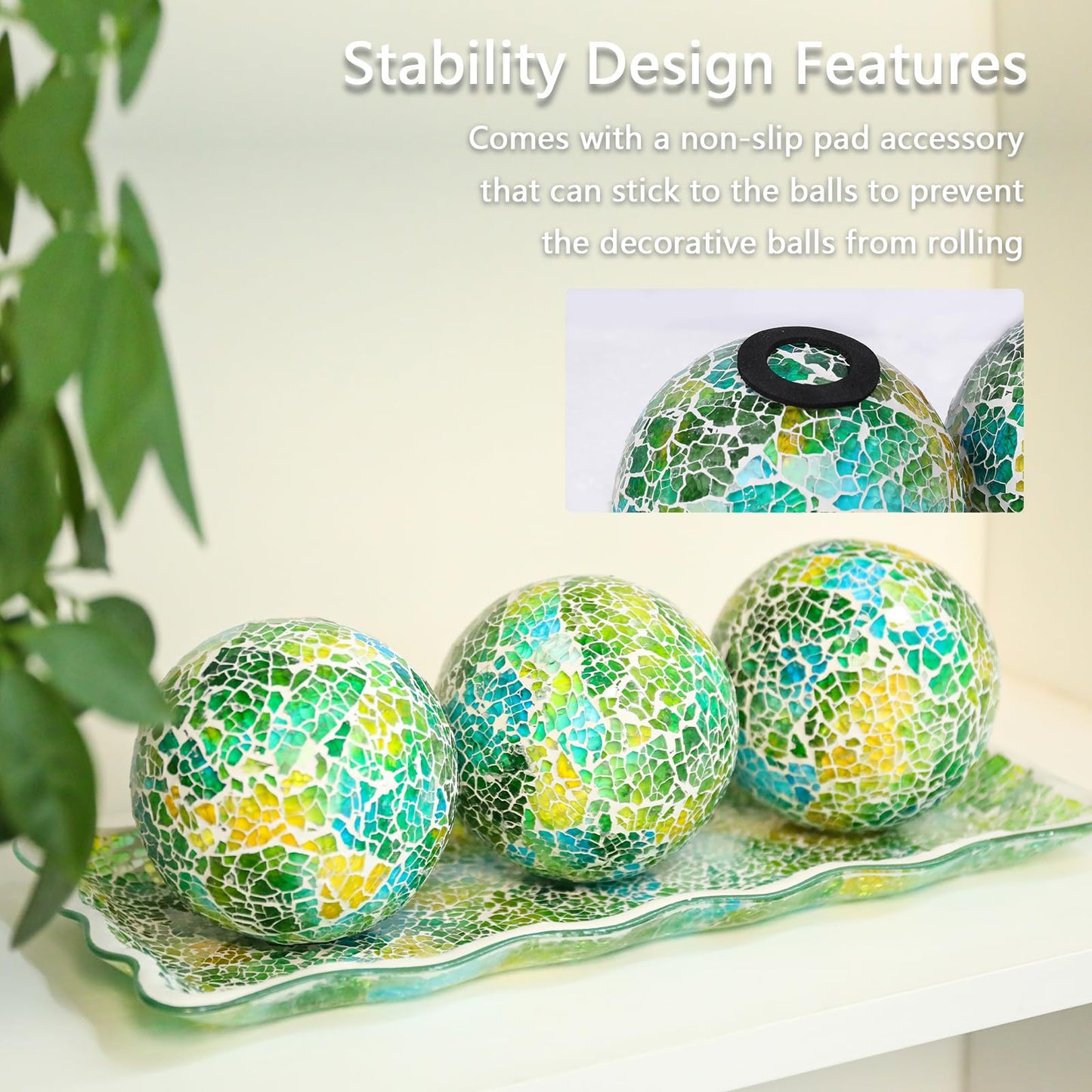 VCUTEKA Decorative Balls and Glass Bowl, 4 Inch Mosaic Sphere Balls Centerpiece Balls for Coffee Table, Home Decor, Wedding Party Decor, Green
