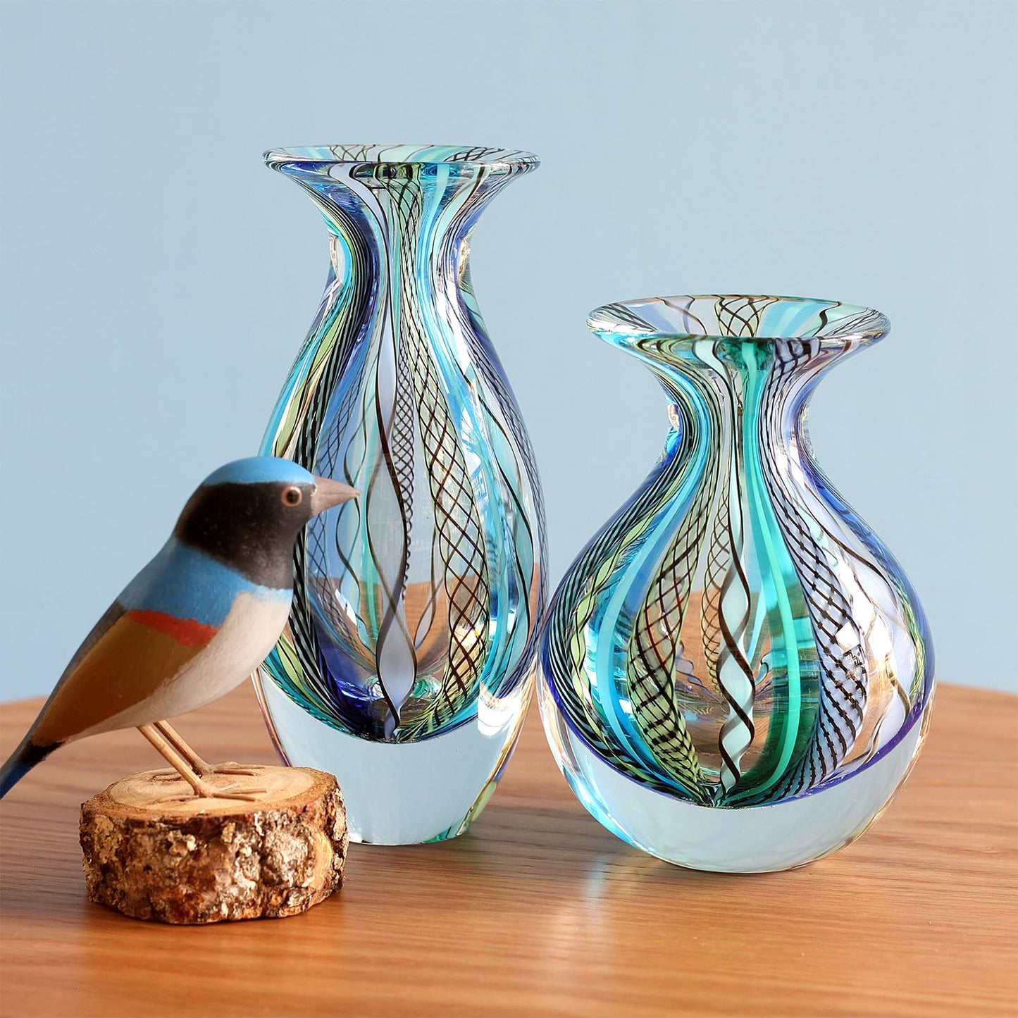 Ca D Oro Pair of Small Glass Vases Boho with Blue/Green Canes Hand Blown Murano-Style Art Glass - Models Nº 2/3