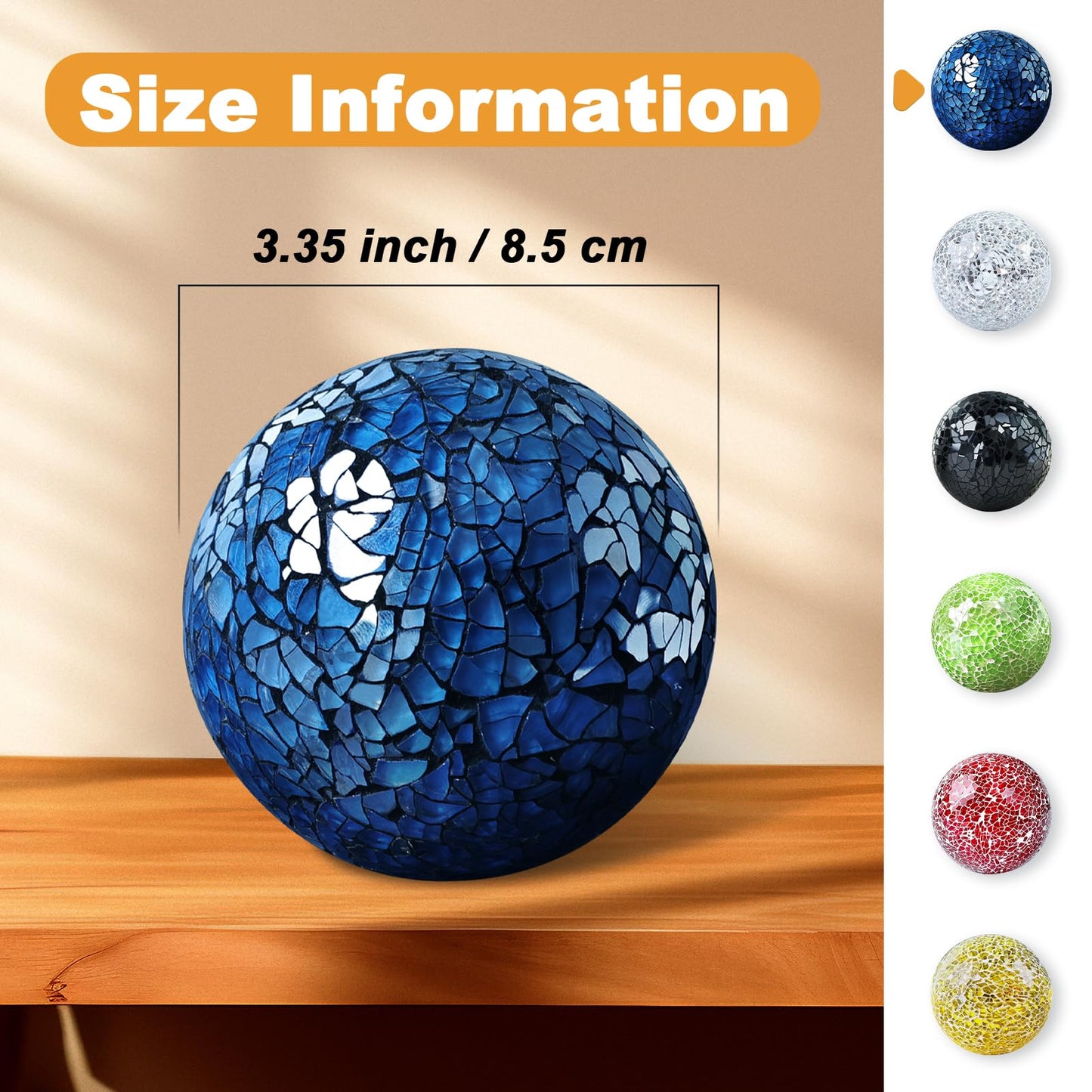 Yazikisa 3 Pack Blue Decorative Orbs Mosaic Crack Glass Balls Decor Solid Sphere Globe Bowl Vase Fillers Holiday Living Room Mantle Basket Centerpiece 3.35 Inch