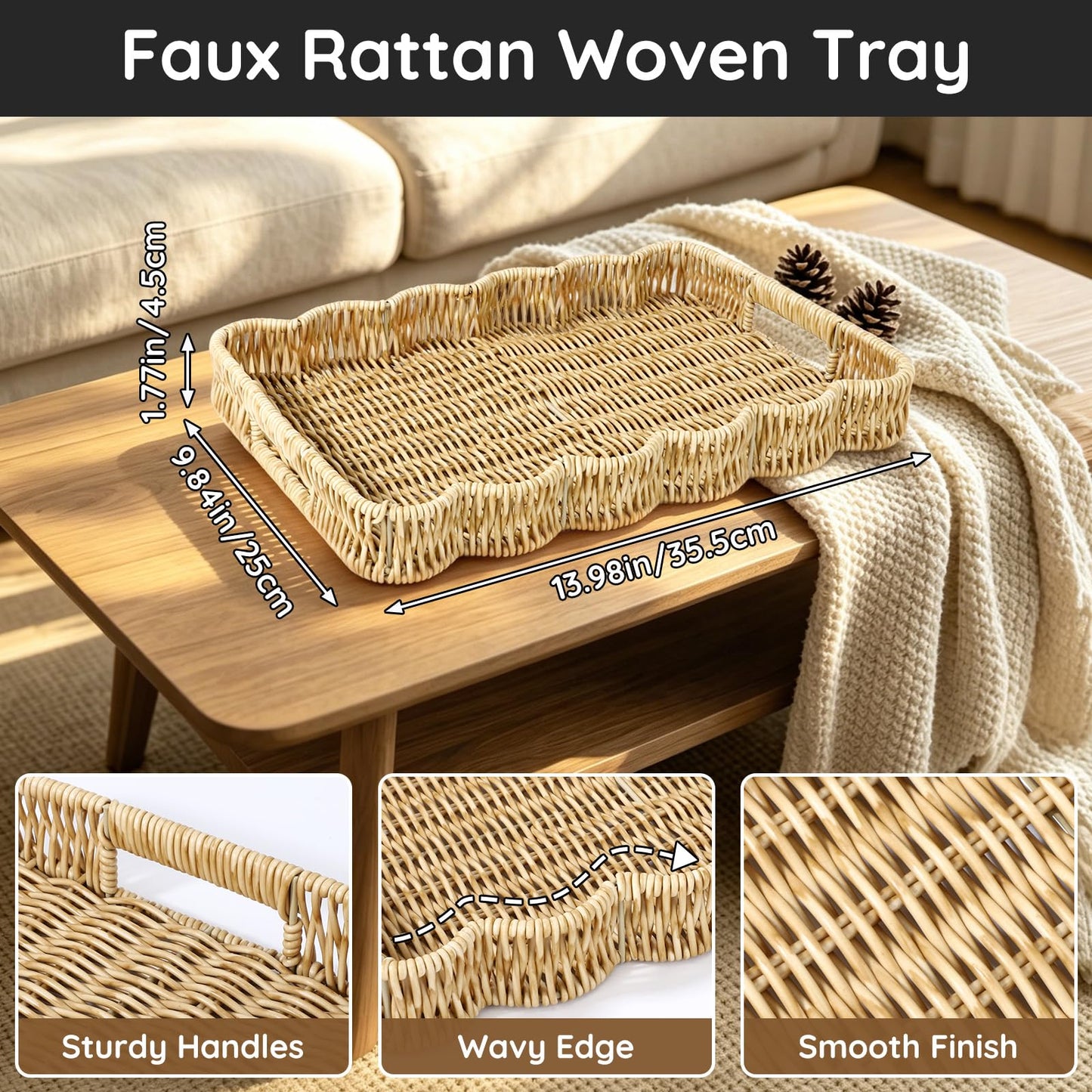 Segbeauty Plastic Serving Tray with Handles for Bathroom, 14x9.8x1.8in PP Rattan Rectangle Tray for Coffee Table, Faux Rattan Bedroom Vanity Basket Organizer, Decorative Towel Storage Wicker Basket