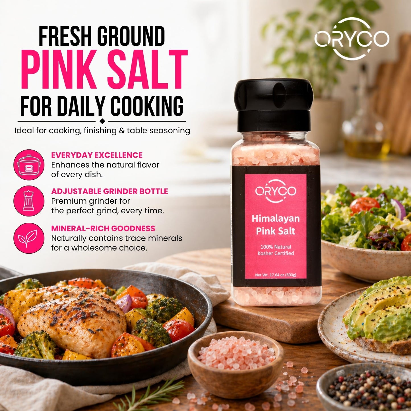 Oryco Himalayan Salt Grinder Set 3 Pack (2 Pink + 1 Black Kala Namak, 500g Each) – Refillable Grinders, 100% Natural, Kosher, Non-GMO, Coarse Salt for Cooking, Vegan & Seasoning