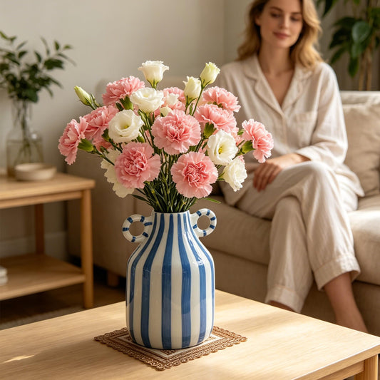 Kogven Ceramic Flower Vase with Dual Handles - Coastal Rustic Vintage Table Vases, Home Decorations for Living Room, Kitchen, Bedroom, Office, Shelf & Fireplace (6.3" Blue White Striped)