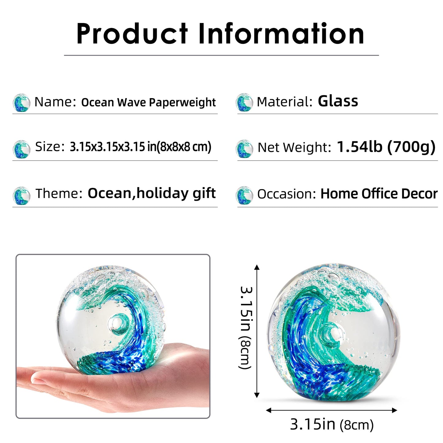 EUSTUMA Hand Blown Glass Figurines Ornament,Sea Animal Ornament for Fish Tank Aquarium,Sea Animals Collection for Birthday Gift,Paperweight Glass Ball (Wave Paperweight)