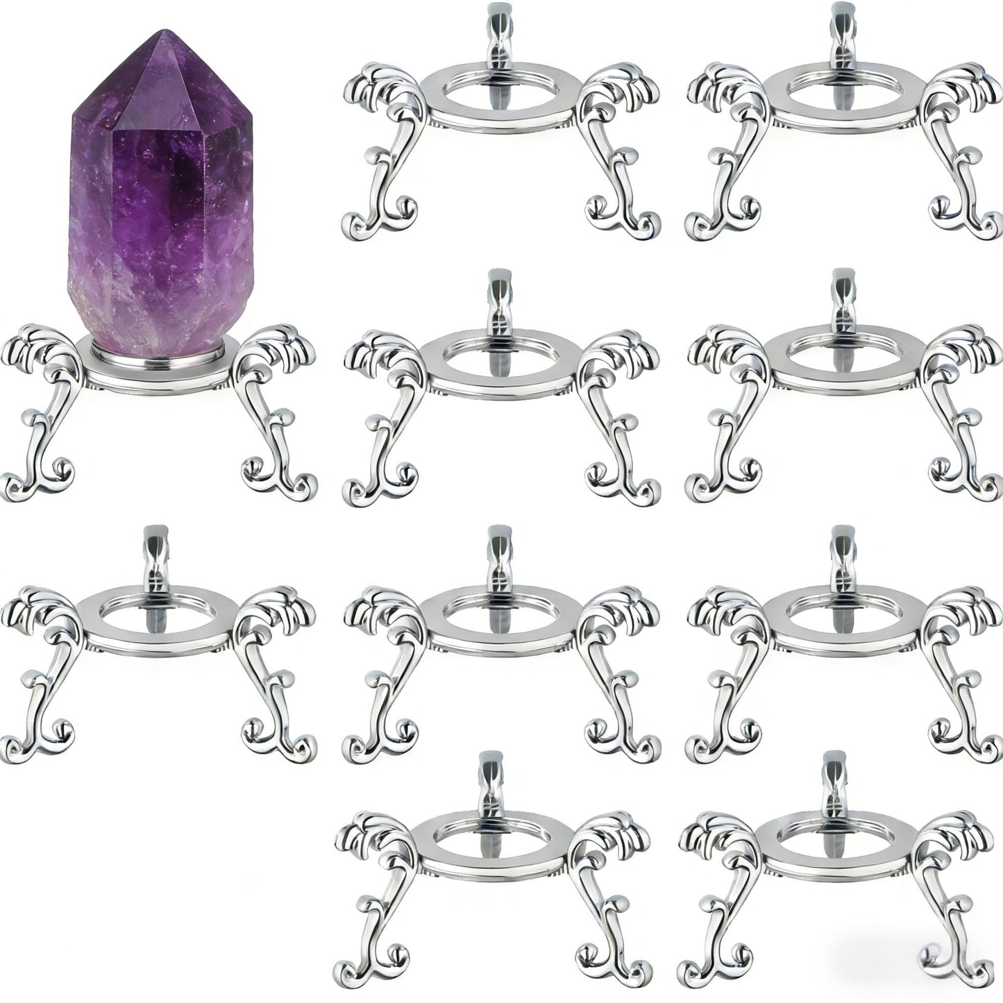 vskikris 10pcs Large Crystal Ball Display Stand Silver Sphere Holder for 40-100mm Sphere - Metal Tripod Base for Crystals, Rock,Balls