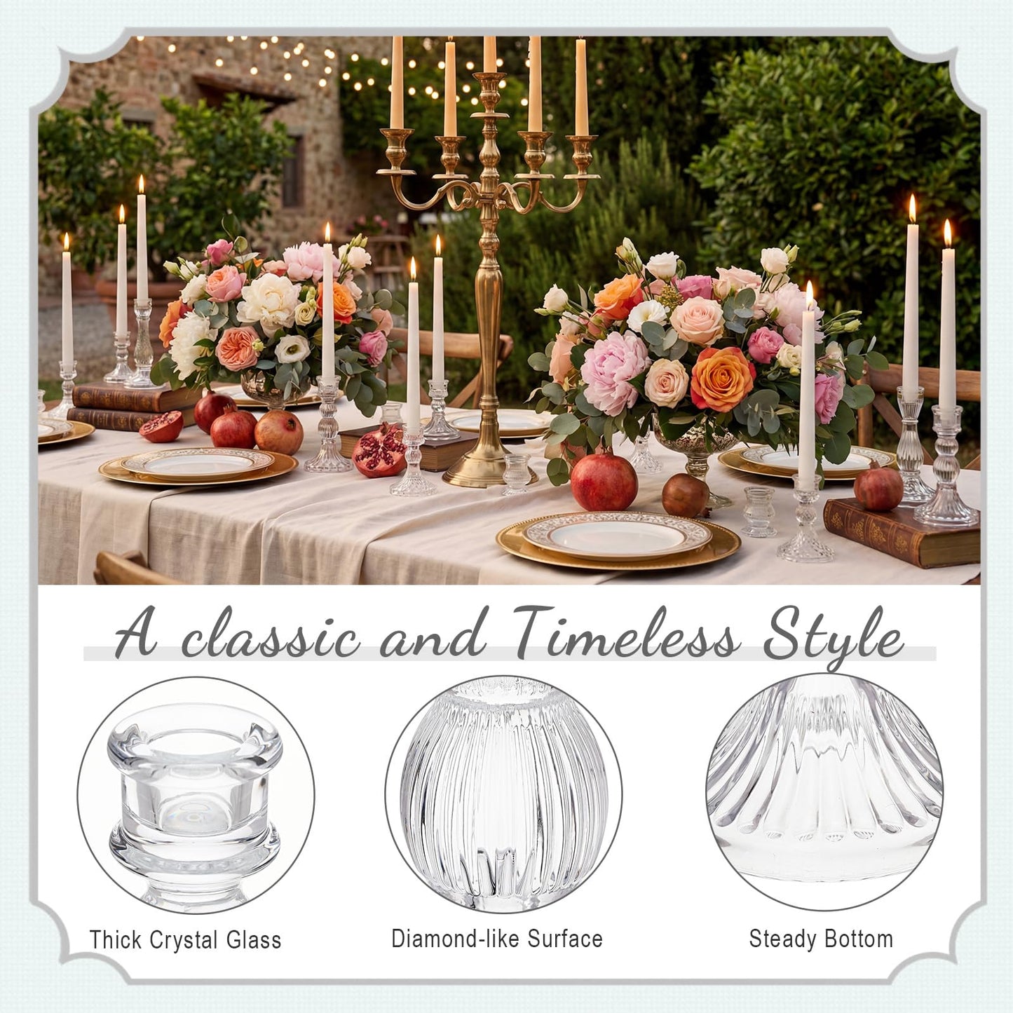 Mumufy 12 Pcs Glass Crystal Taper Candle Holders Clear Glass Candlestick Holder Fit 0.8 Inch Red Green Ribbed Taper Candlestick Holders Centerpiece Table Wedding Party