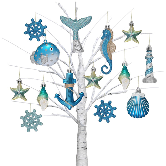 Valery Madelyn Summer Ornaments Tree Decorations Set, 20ct Light Blue and Silver Shatterproof Summer Balls Bulk, Summer Beach Coastal Ocean Nautical Marine Hanging Seafair Xmas Holiday Decor