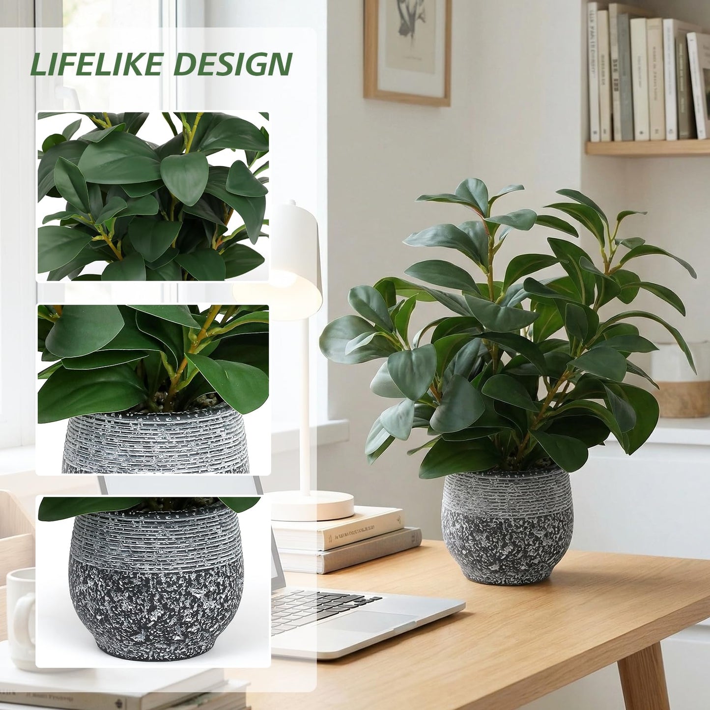 SHOHAYTO Artificial Plants for Home Decor - 13.2 Inch Fake Ficus Tree in Cement Planter, Real Looking Potted Faux Plants for Office Desk, Kitchen Shelf, Bookshelf & Indoor Decor