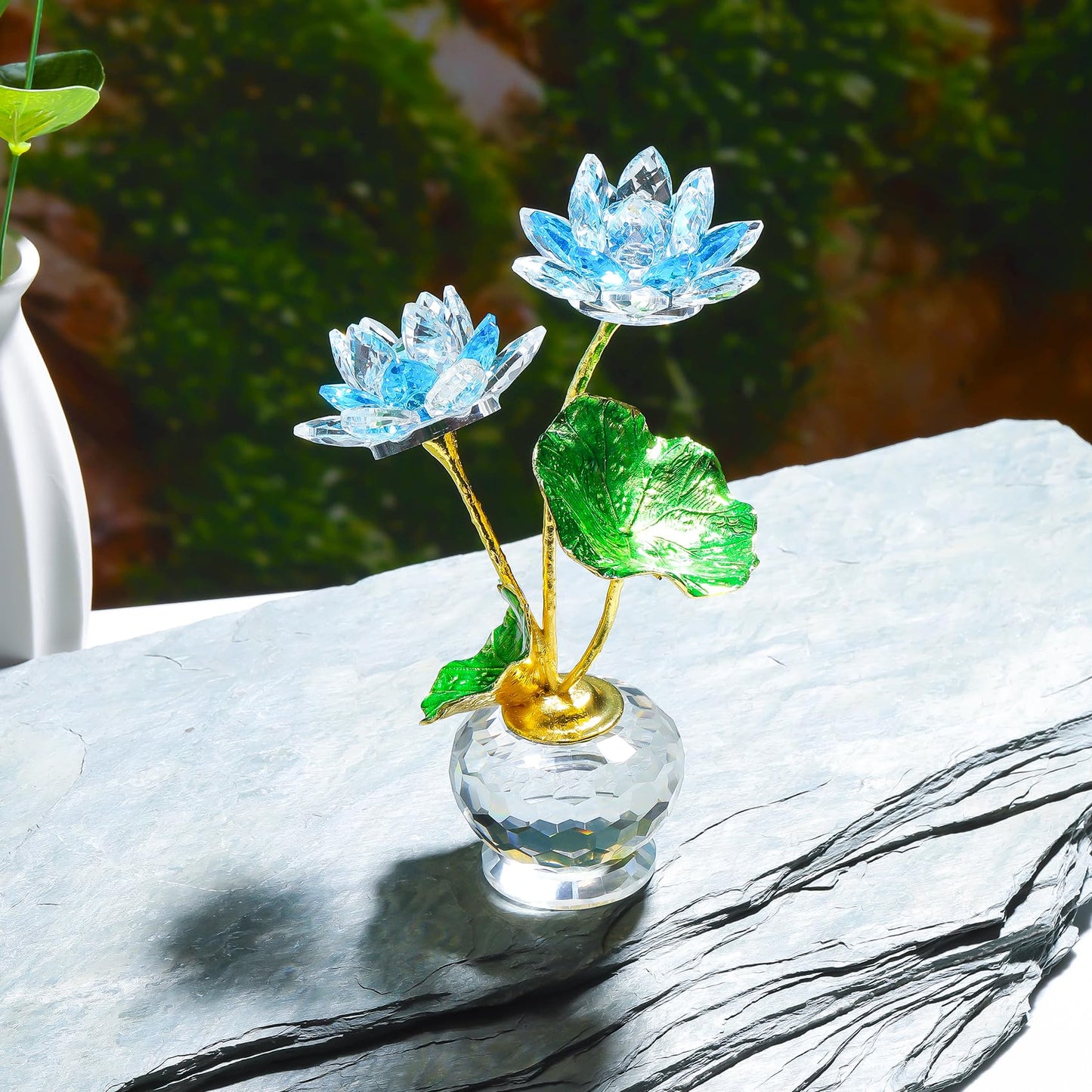 YWHL Blue Crystal Lotus Flower Figurine with Vase, Handmade Lotus Gifts Bouquet for Women on Birthday Christmas Mother's Day, Glass Lotus Flower Home Party Office Decor