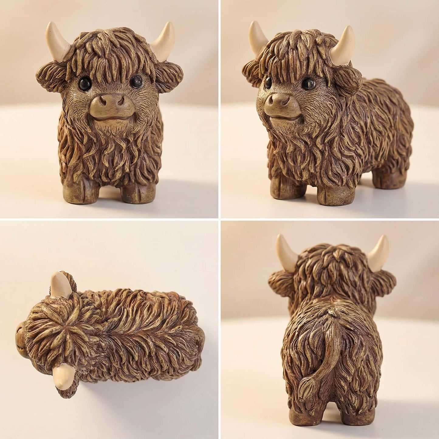 NYSCURE Nordic Cow Statue Resin Brown 4.3 Inch Highland Cow Figurine Scottish Calf Statues, Desk Bookshelf Decor Gardens Office Tiered Trays Living Room Ornament Gifts