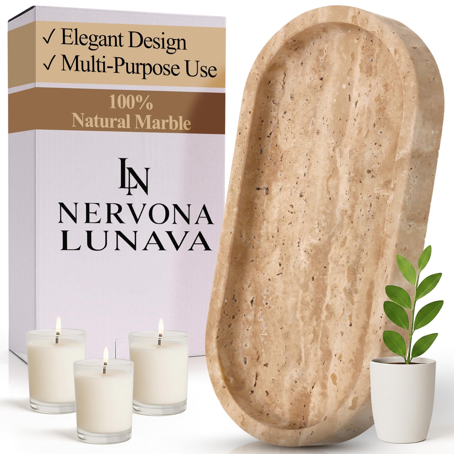 LUNAVA Travertine Tray for Bathroom Counter – Marble Tray for Kitchen Counter, Hand-Polished Natural Stone Caddy for Vanity, Sink, or Dresser, 9.8"x4.7"in, Beige
