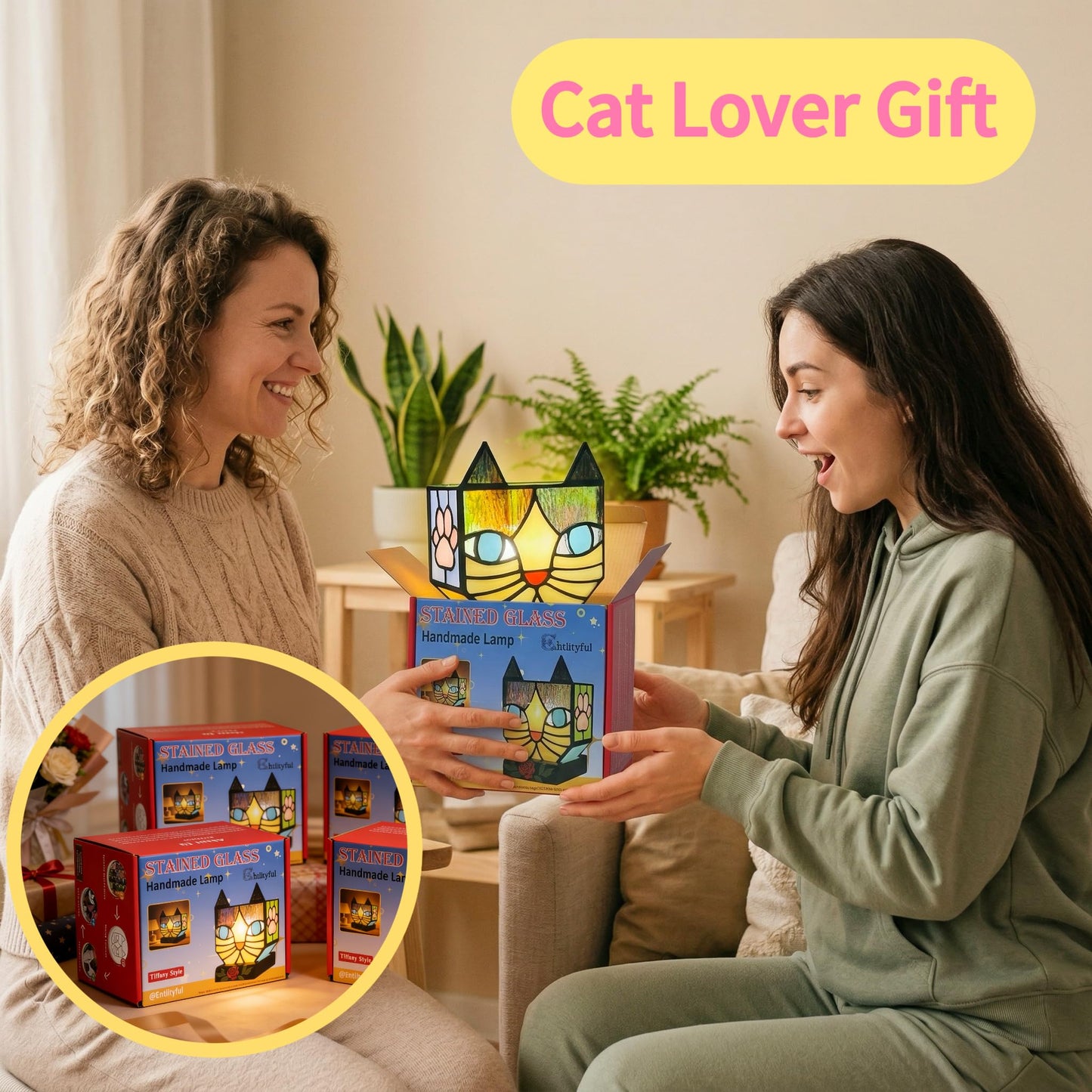 Entlityful Stained Glass Cat Lamp, Tiffany Style Table Lamp with 24H Cycle Timer, Small Table Lamp with Dimmable Timing Function, Cat Gifts for Women,Cat Lovers,Cat Remembrance Gifts