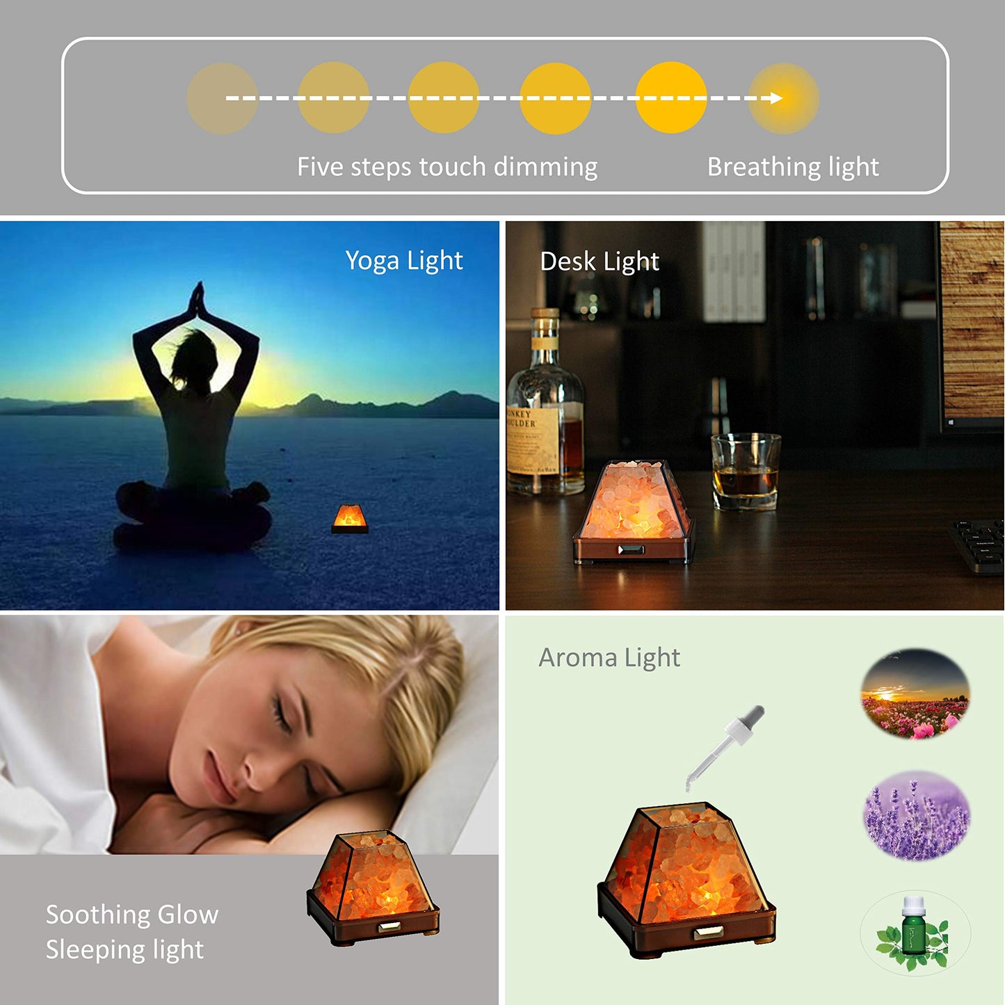 HISUNY 2-in1 Smart Heating Essential Oil System Himalayan Salt Lamp, Mini USB LED Pink Natural Salt Rock Night Lamp Dimmable for Home Decor Yoga Spa Meditation(A Model)