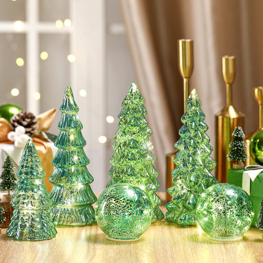 Syhood 6 Pcs Sage Green Mercury Glass Christmas Tree for Tabletop Light up Figurine Christmas Tree Mercury Cracked Glass Globe with Light for Xmas Decor Home Party Centerpiece Mantel Gift