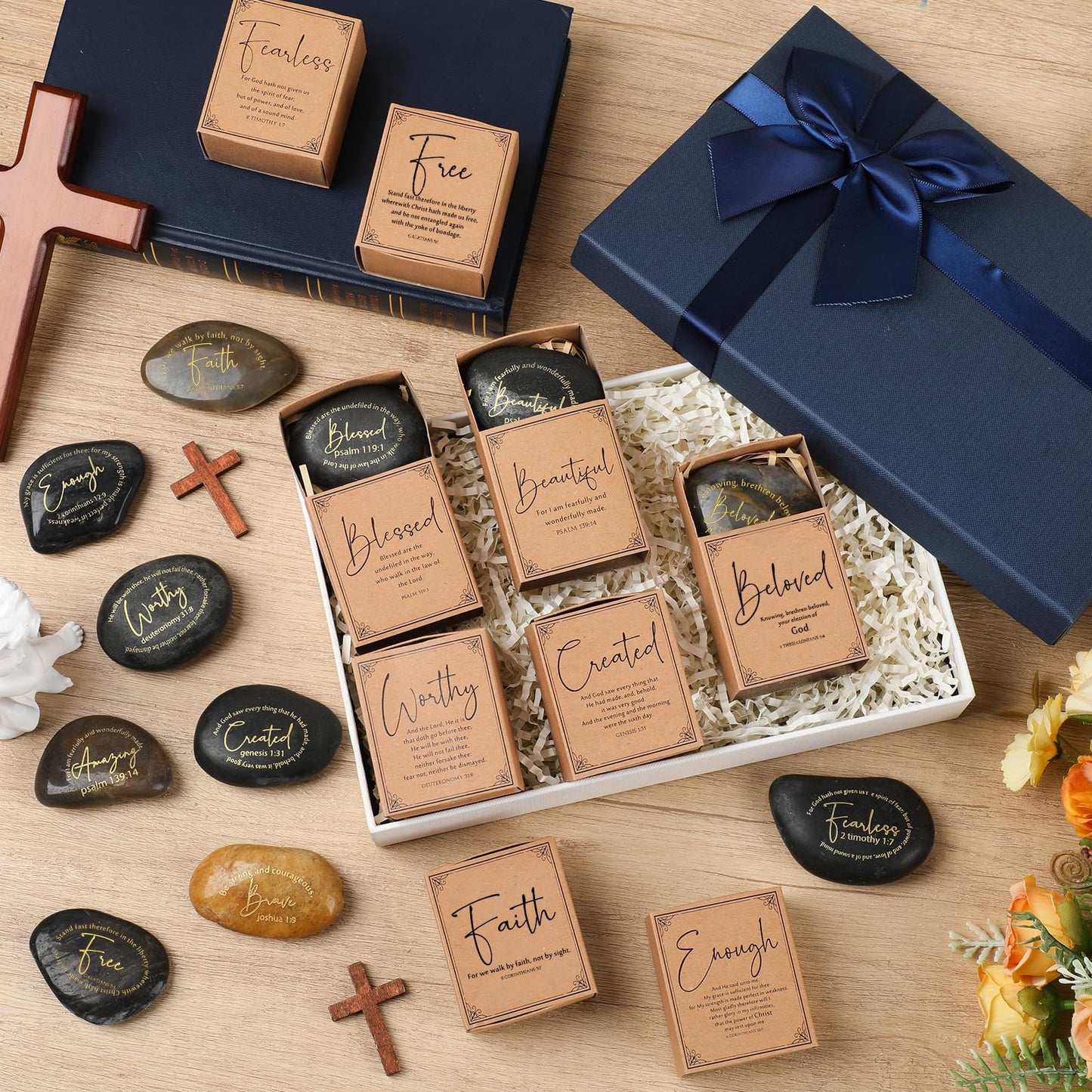 Thyle 36 Set Christian Scripture Stones Gifts Bulk Inspirational Engraved Prayer Stones with Box Religious Rocks Gift for Church Vbs Coworker Pastor Sunday School Baptism (Bible Verses)