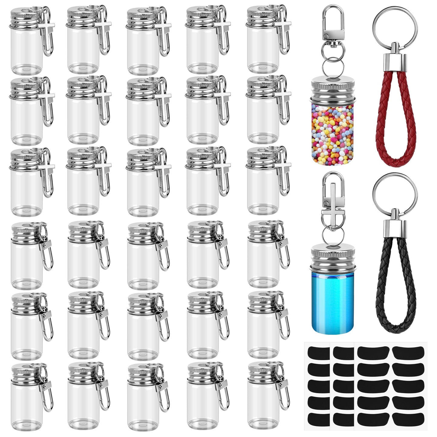35 Pcs 7ml Small Glass Bottle Keychain Bulk with Leather Keyring Black Sticker, Mini Seasoning Bottles Metal Lid Tiny Glass Message Potion Bottles for DIY Wish Jars, Home & Travel Gifts
