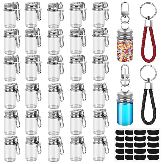 35 Pcs 7ml Small Glass Bottle Keychain Bulk with Leather Keyring Black Sticker, Mini Seasoning Bottles Metal Lid Tiny Glass Message Potion Bottles for DIY Wish Jars, Home & Travel Gifts