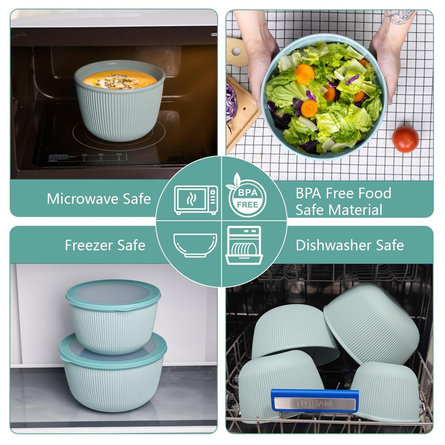BoxedHome 4.97 Quarts Mixing Bowls with Lids - 8 Piece Plastic Nesting Bowl Set includes 4 Prep Bowls and 4 Lids, Microwave and Dishwasher Safe, Green