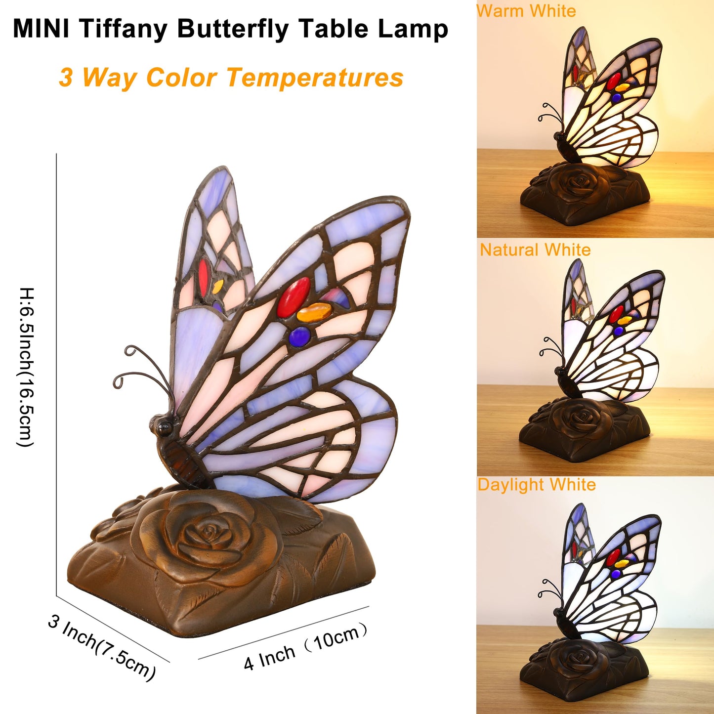 Tiffany Mini Table Lamp Blue Butterfly Stained Glass Cute Night Lights Hand-made 3 Color-temperature Table Lamps For Bedroom Bedside Nightstand Desk Lamps Christams Gifts (3X4X6.5inch) W/ LED Bulb