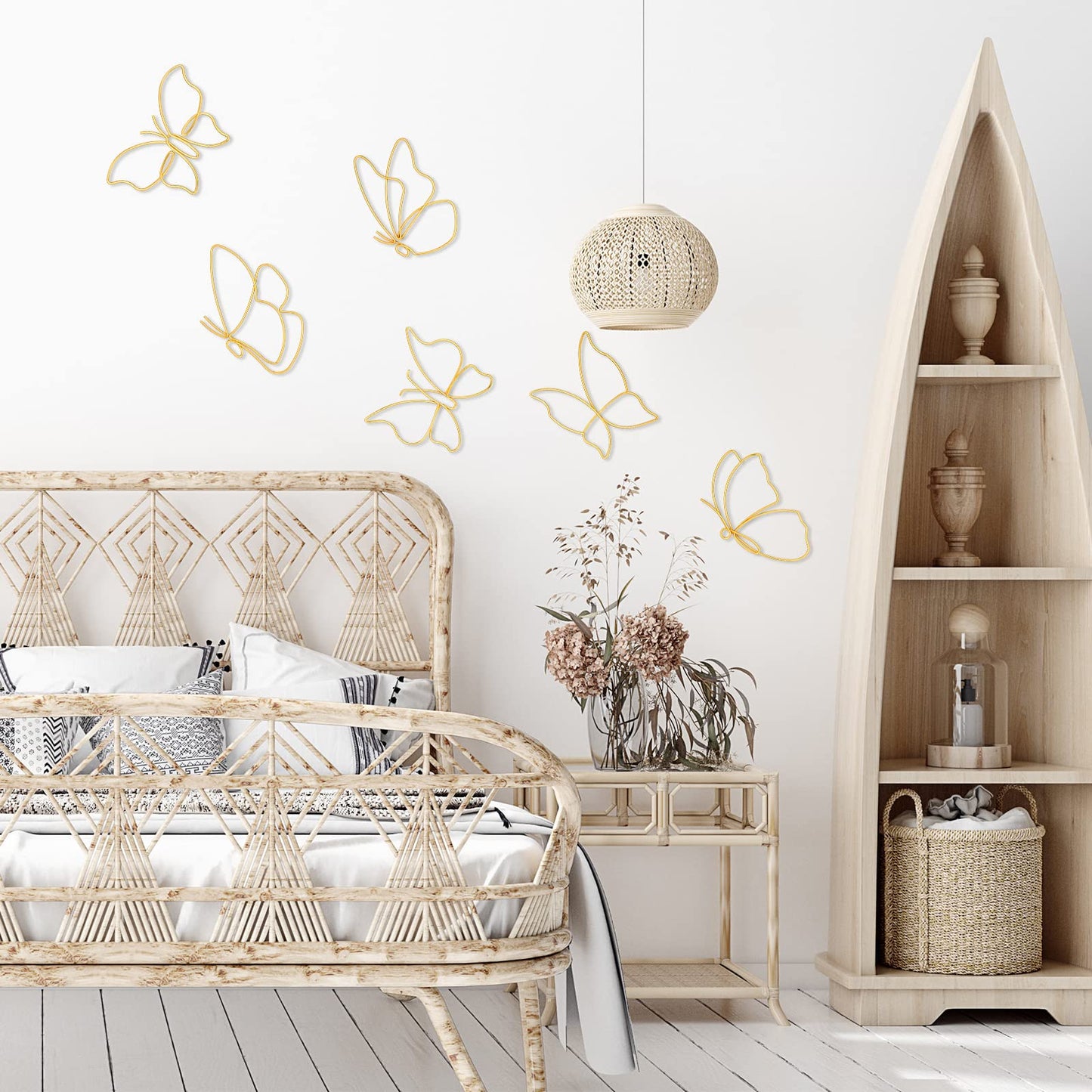 Hotop 6 Pieces Gold Metal Butterfly Wall Decor Wired Butterflies Wall Art Line Flowers Hanging Decorations for Bedroom Living Room Kitchen Bathroom Indoor Wedding Birthday Party