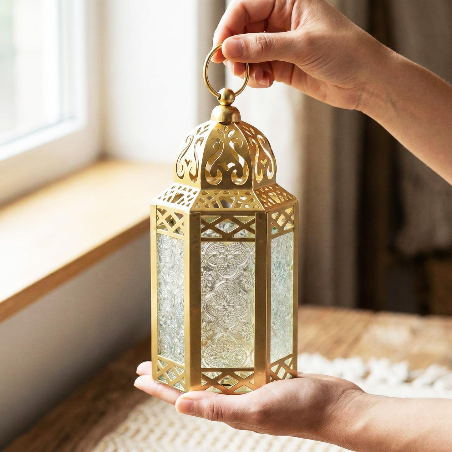 VELA LANTERNS 8.5" Small Gold Metal Decorative Moroccan Lantern Candle Holder Lamp - Indoor/Outdoor, Home Decor, Patio, Weddings, Ramadan Decor