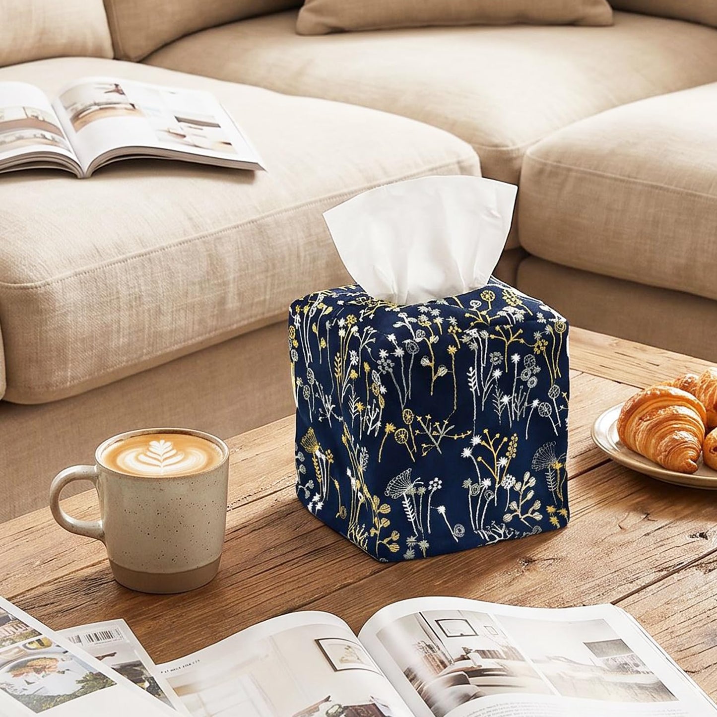 Hausfrau Tissue Box Cover Square, Floral Linen Tissue Box Holder Decorative Cute Cube Napkin Holder for Living Room, Bathroom, Bedroom or Office, Embroidered Jacquard Blue Floret